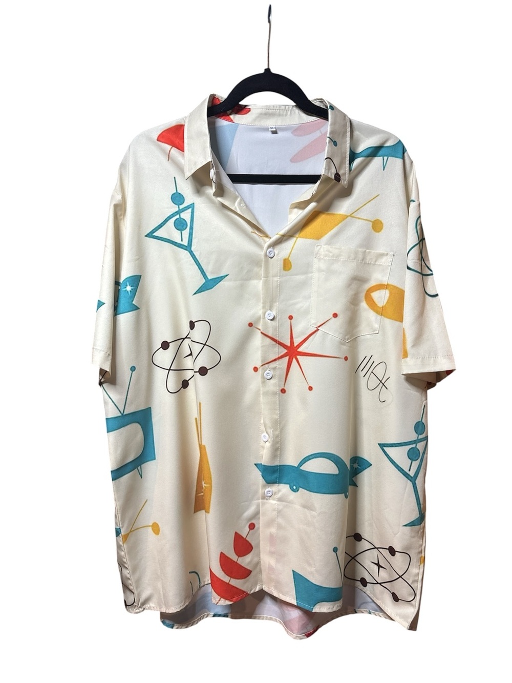 Men's Cream vintage 50’s Martini Print Short Sleeve Button-Down Shirt